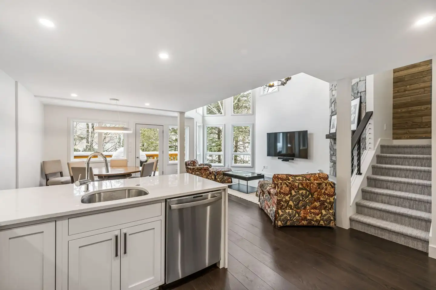 An open concept living and dining space